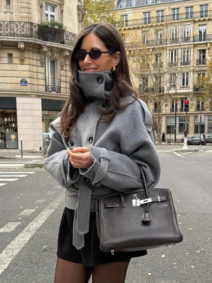 OLANE Belted Double-Breasted Turtleneck Coat SWomen's Coats & Jackets
