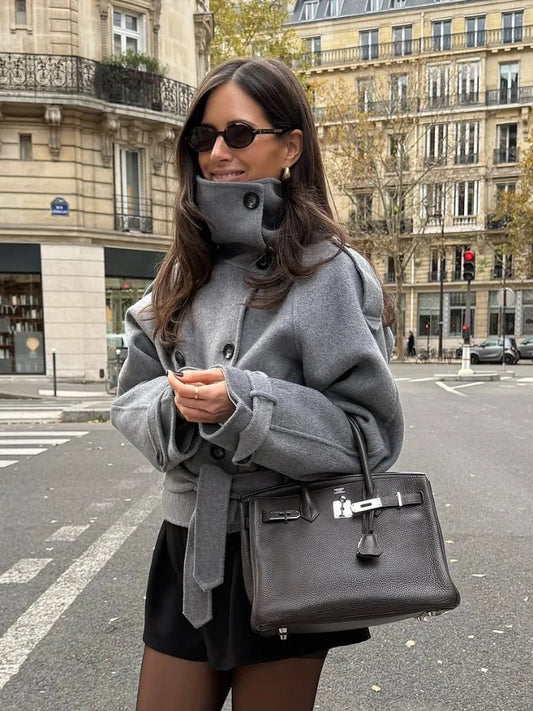 OLANE Belted Double-Breasted Turtleneck Coat SWomen's Coats & Jackets