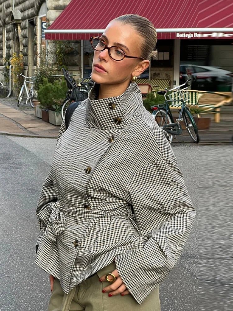 OLANE Belted Plaid Funnel Neck Coat CheckLWomen's Coats & Jackets