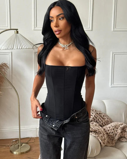 OLANE Black Satin Corset Top LWomen’s Tops