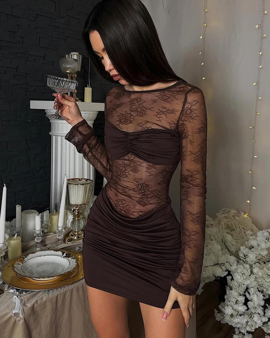 OLANE Bodycon Backless Lace Mini Dress BrownSWomen’s Dresses
