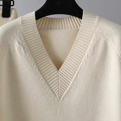 Olane Brand Knitted V - Neck Wool Set CremeSWomen's Sets
