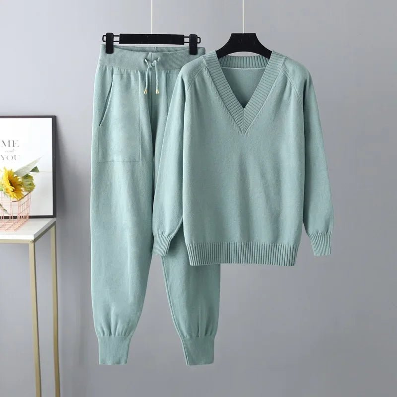 Olane Brand Knitted V - Neck Wool Set TurquoiseSWomen's Sets