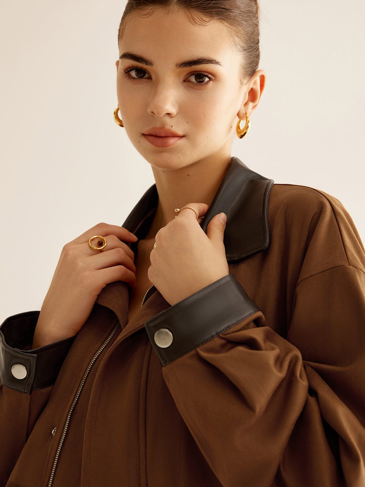 Olane Brand Oversized Jacket with Leather Accents BrownLWomen's Jackets