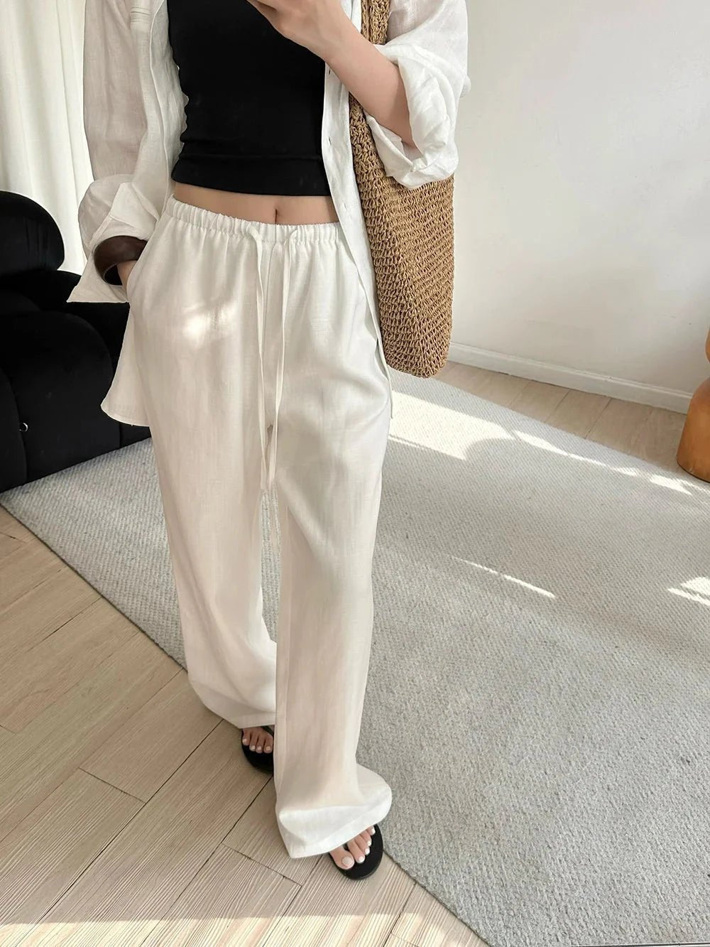 OLANE Breathable Wide Leg Linen Pants BeigeSWomen's Bottoms