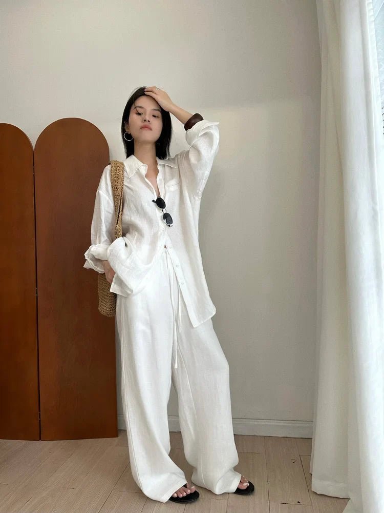 OLANE Breathable Wide Leg Linen Pants WhiteLWomen's Bottoms