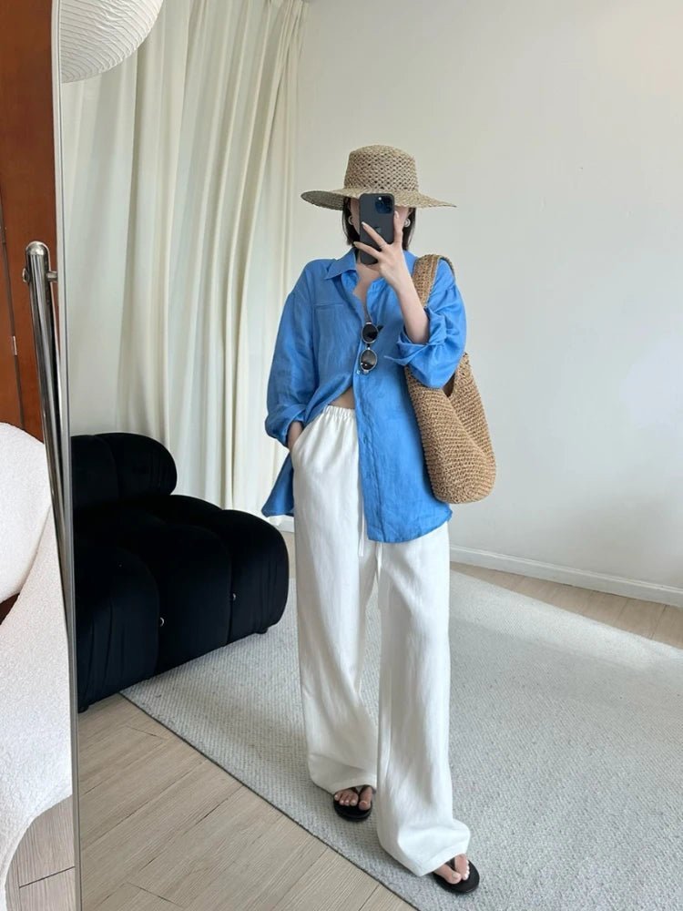 OLANE Breathable Wide Leg Linen Pants WhiteMWomen's Bottoms