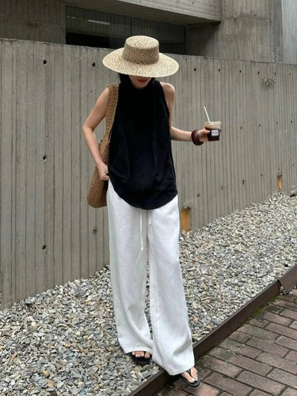 OLANE Breathable Wide Leg Linen Pants WhiteXLWomen's Bottoms