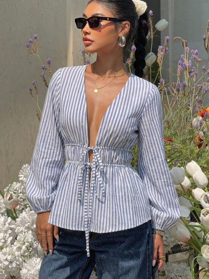 OLANE Caitriona Striped Tie - Front Blouse BlueLWomen’s Tops