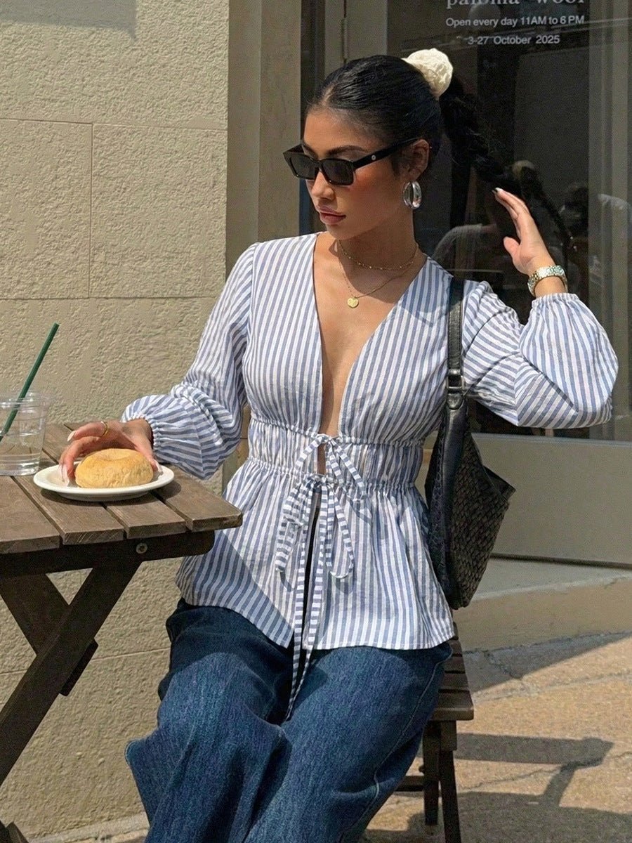 OLANE Caitriona Striped Tie - Front Blouse BlueXLWomen’s Tops