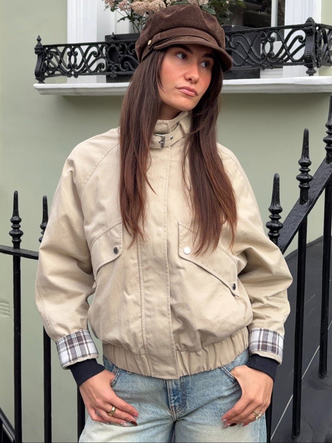 OLANE Casual Button-Front Stand Collar Jacket KhakiLWomen's Coats & Jackets