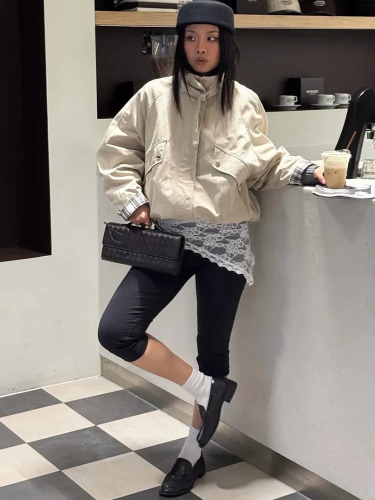 OLANE Casual Button-Front Stand Collar Jacket KhakiMWomen's Coats & Jackets