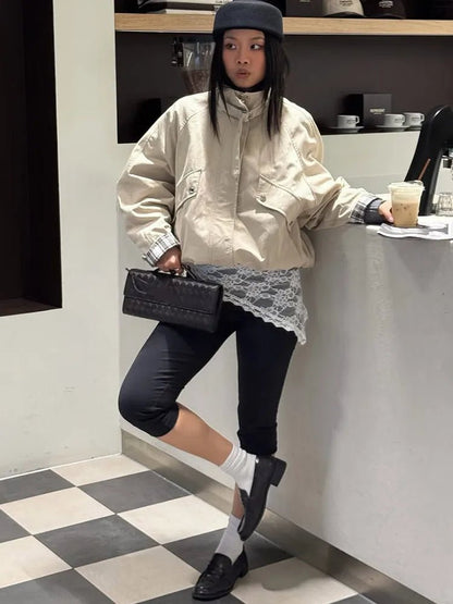 OLANE Casual Button-Front Stand Collar Jacket KhakiMWomen's Coats & Jackets