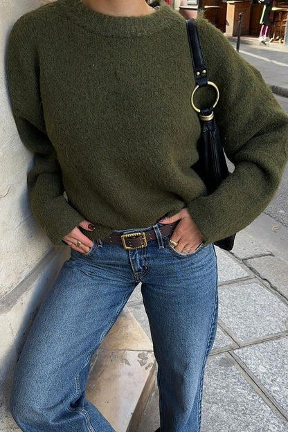 OLANE Casual Ribbed Knit Sweater GreenOne SizeWomen's Sweaters & Cardigans