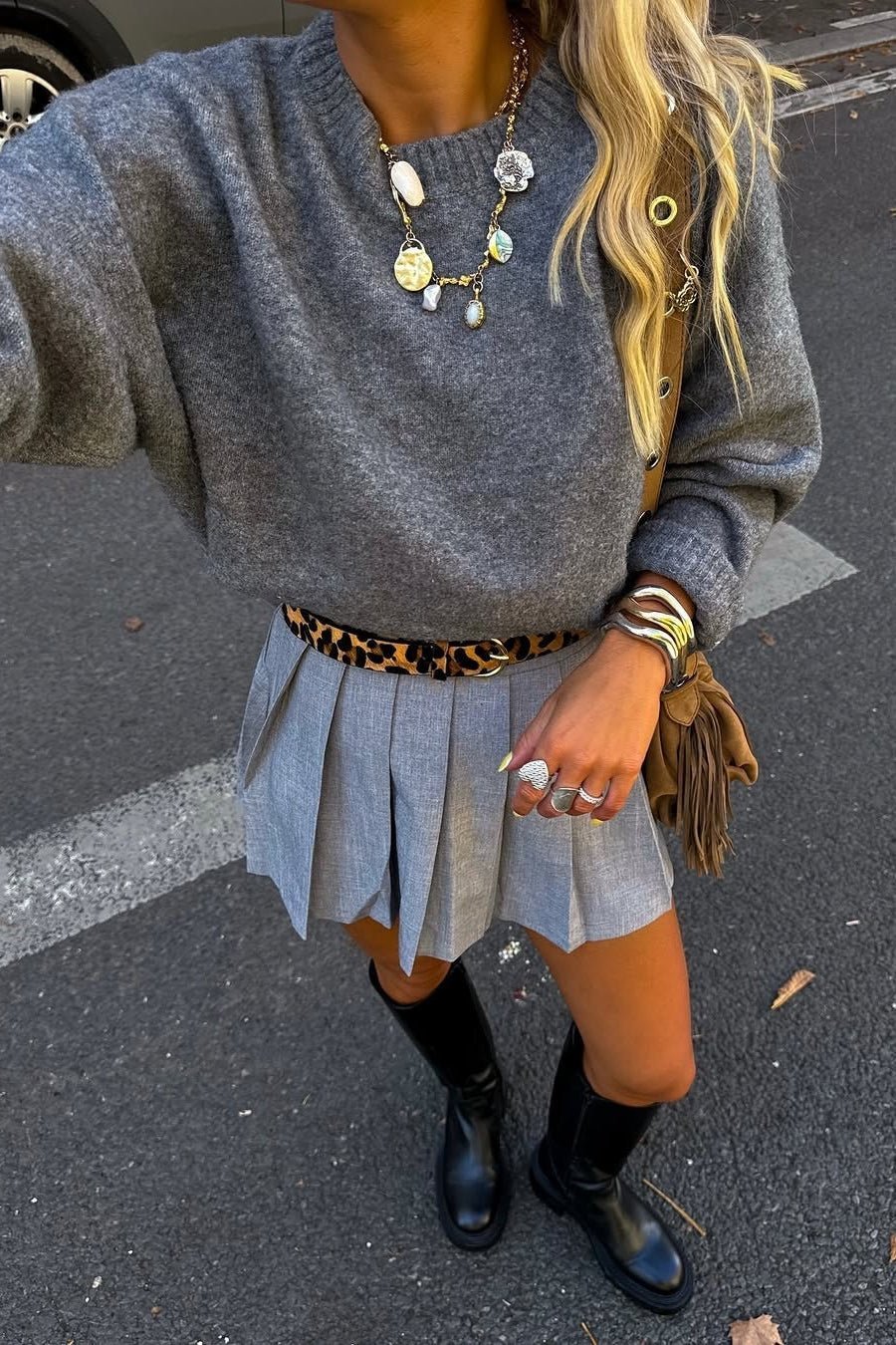 OLANE Casual Ribbed Knit Sweater GreyOne SizeWomen's Sweaters & Cardigans