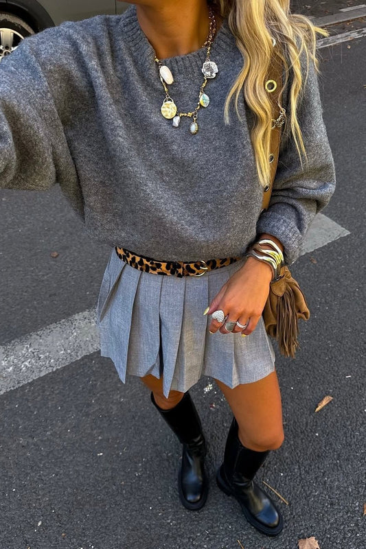 OLANE Casual Ribbed Knit Sweater GreyOne SizeWomen's Sweaters & Cardigans