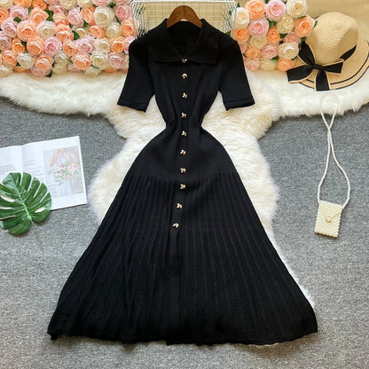 OLANE Casual Turn - Down Collar Knit Maxi Dress BlackWomen's Dresses