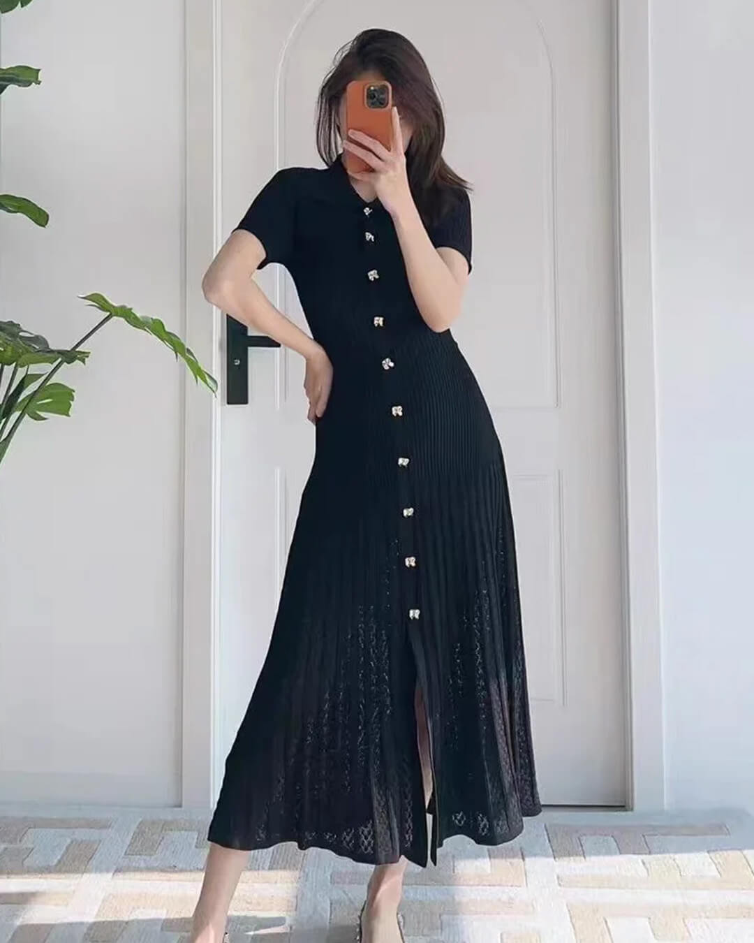OLANE Casual Turn - Down Collar Knit Maxi Dress BlackWomen's Dresses