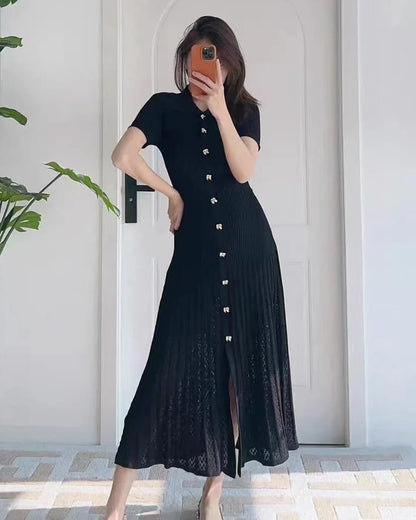 OLANE Casual Turn - Down Collar Knit Maxi Dress BlackWomen's Dresses