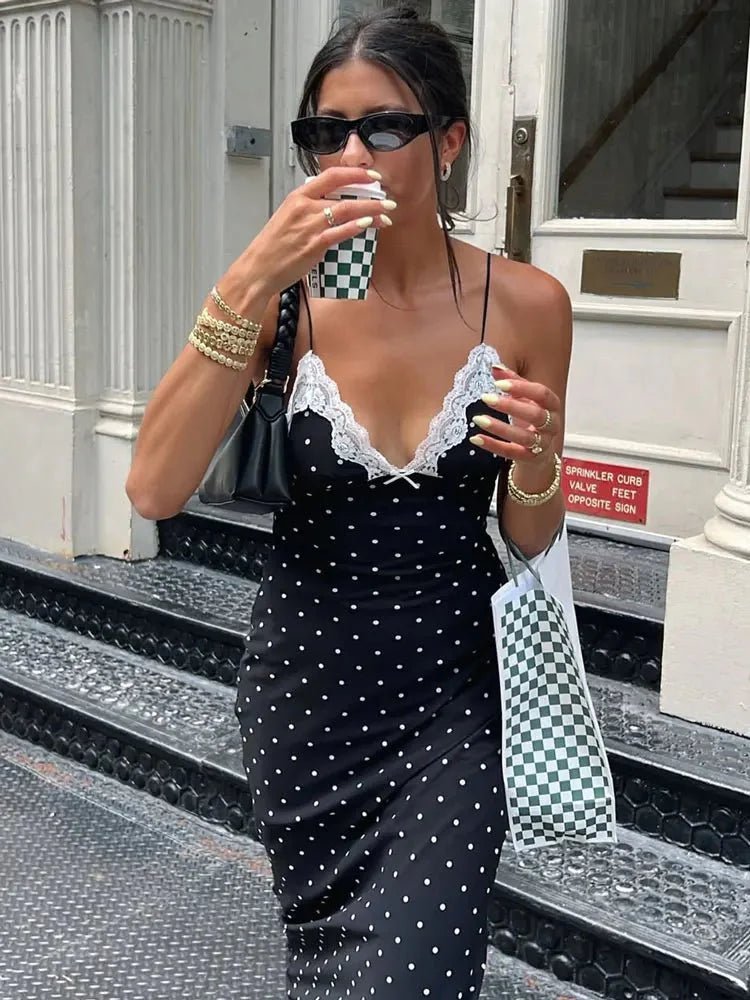 OLANE Charming Lace Trim Polka Dot Dress BlackSWomen's Dresses
