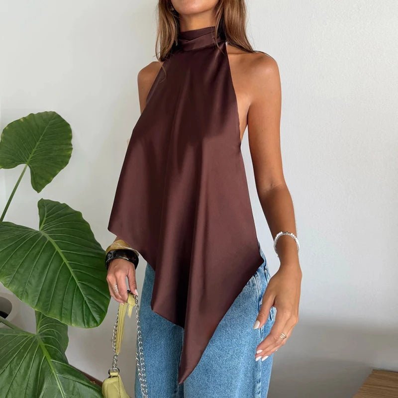 OLANE Chic Backless Halter Top BrownSTop