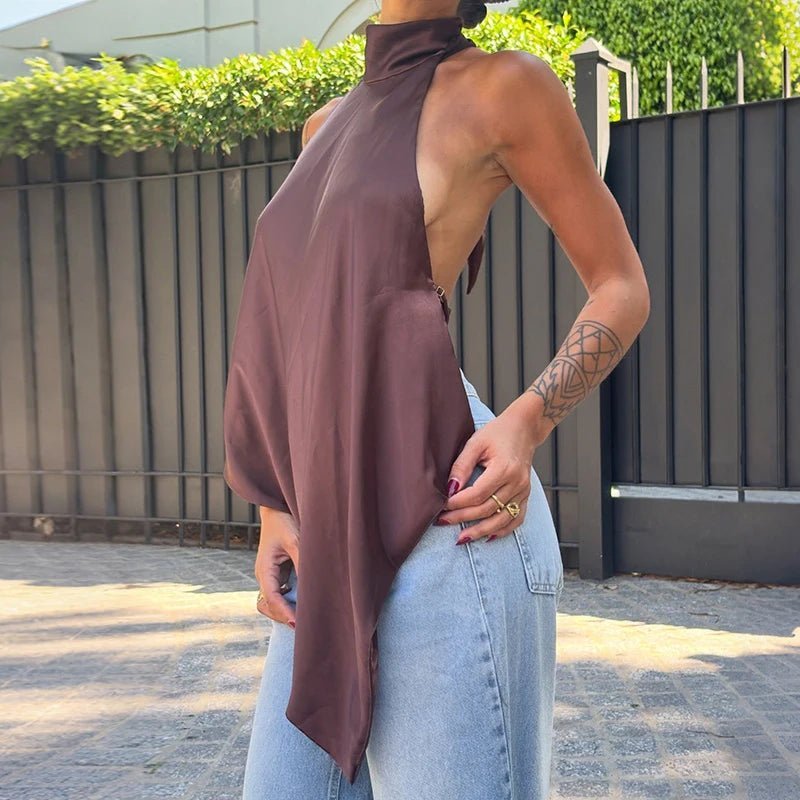 OLANE Chic Backless Halter Top BrownSTop
