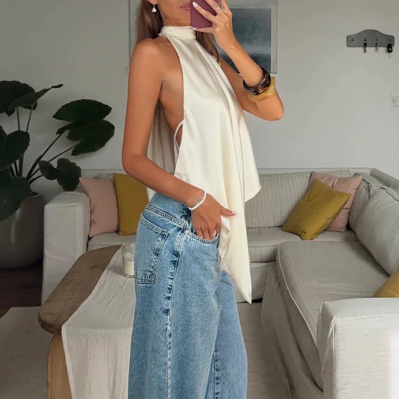 OLANE Chic Backless Halter Top WhiteSTop