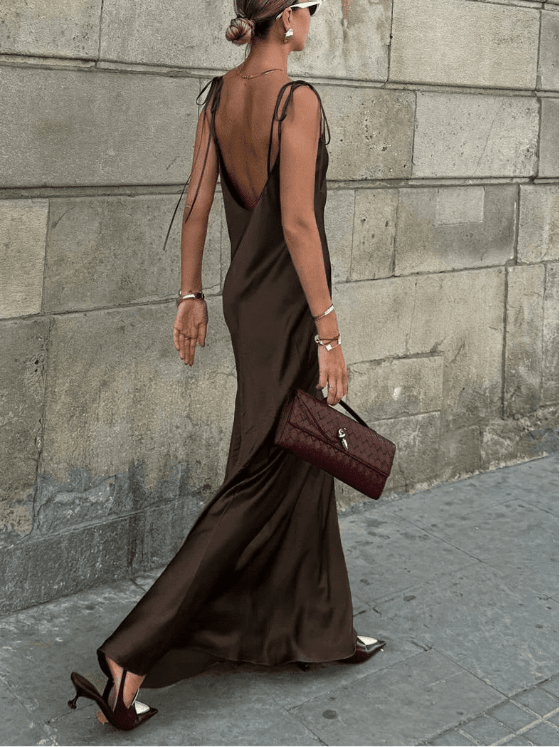 OLANE Chic Backless Satin Maxi Dress SWomen’s Dresses