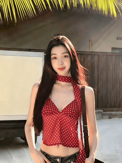OLANE Chic Polka Dot Backless Cami Top RedXSWomen’s Tops