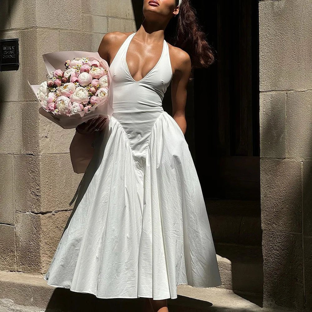 OLANE Chiffon Deep Neck Maxi Dress WhiteMWomen's Dresses