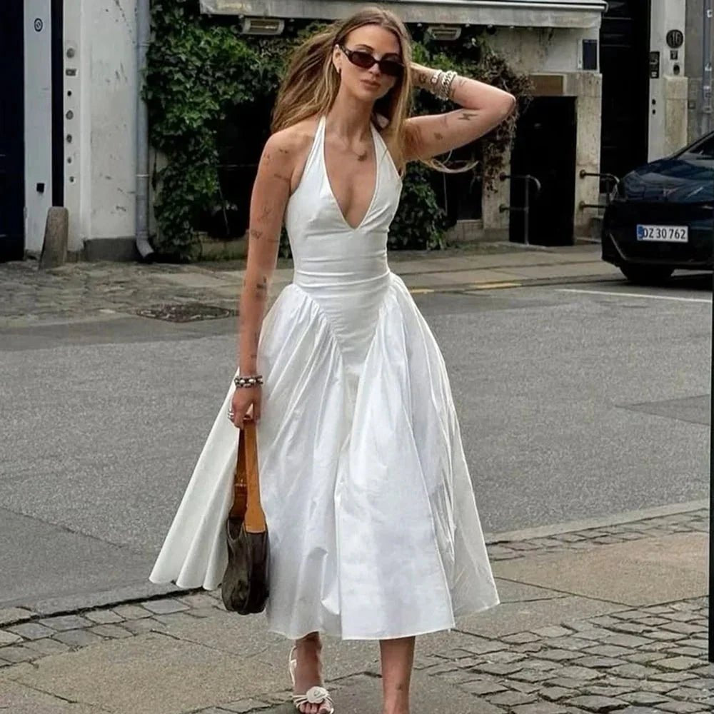 OLANE Chiffon Deep Neck Maxi Dress WhiteSWomen's Dresses