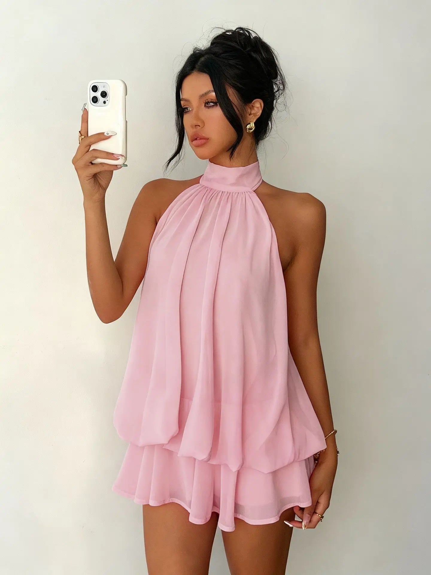 OLANE Chiffon Halter Mini Dress BrownSWomen's Dresses