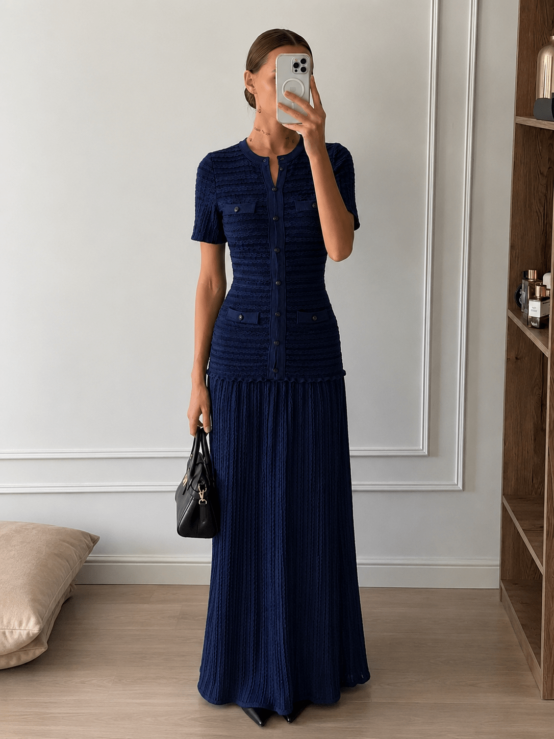OLANE Cinched-Waist Ribbed Knit Maxi Dress Navy BlueSWomen’s Dresses
