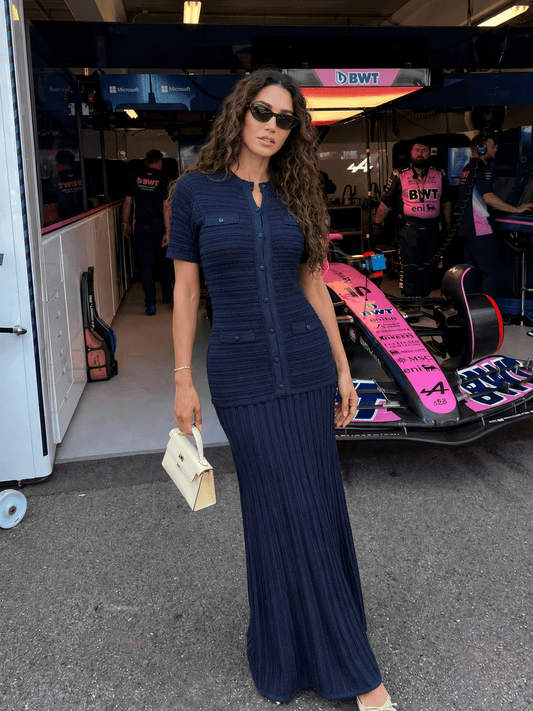 OLANE Cinched-Waist Ribbed Knit Maxi Dress Navy BlueXSWomen’s Dresses