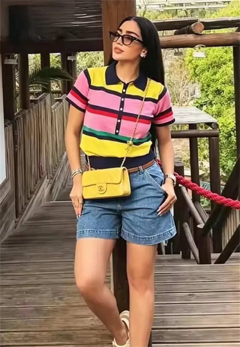 OLANE Classic Colorblock Polo Knit Top MWomen’s Tops