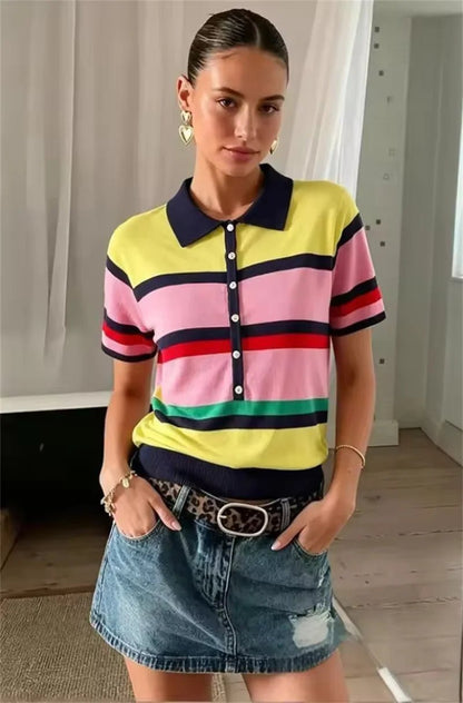 OLANE Classic Colorblock Polo Knit Top SWomen’s Tops