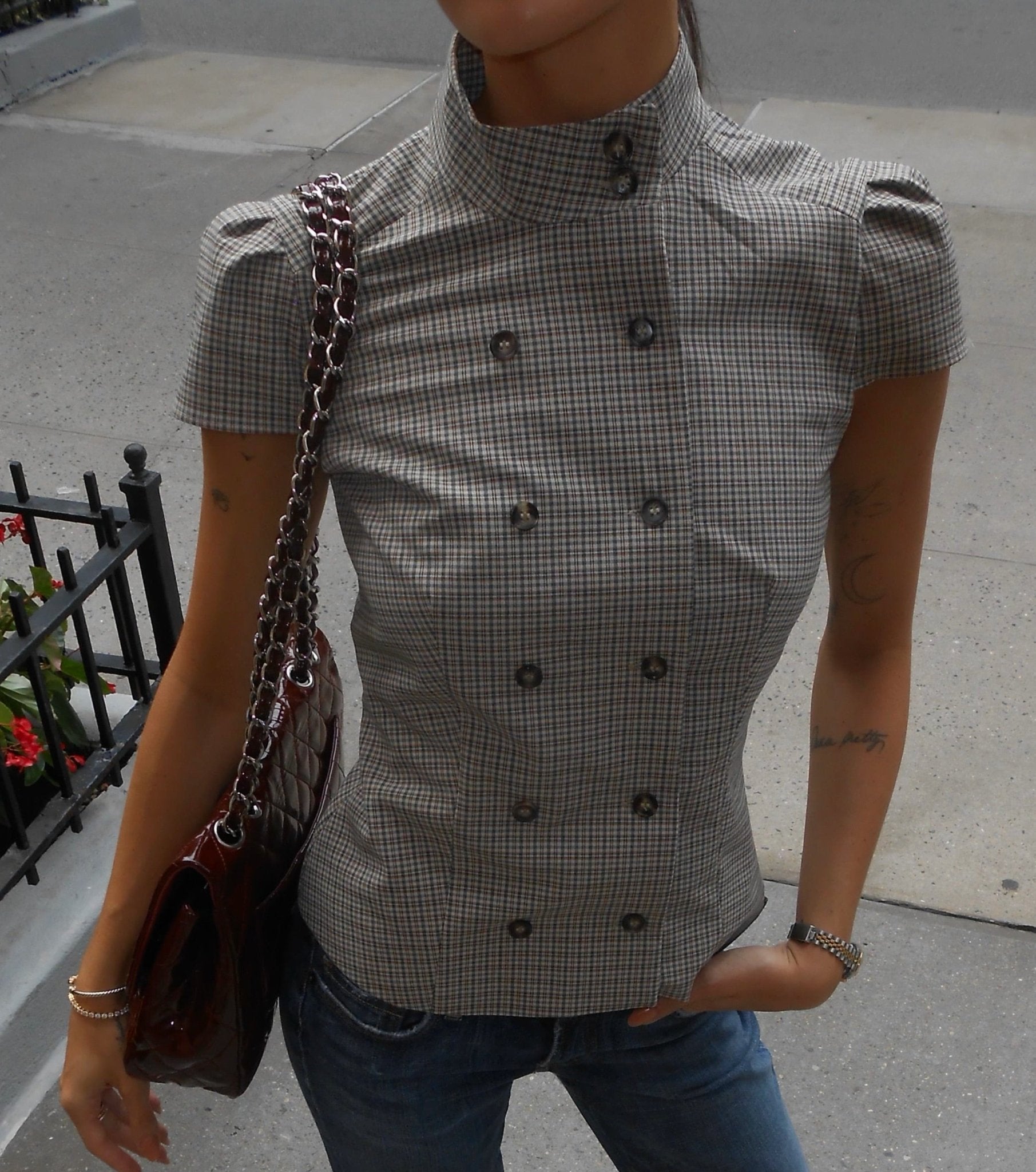 OLANE Classic Double-Breasted Plaid Blouse GreyXSBlouse