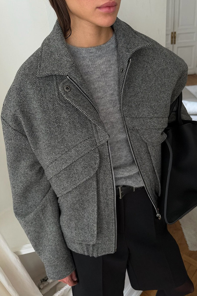 OLANE Classic Herringbone Stand Collar Coat BlackMWomen's Coats & Jackets