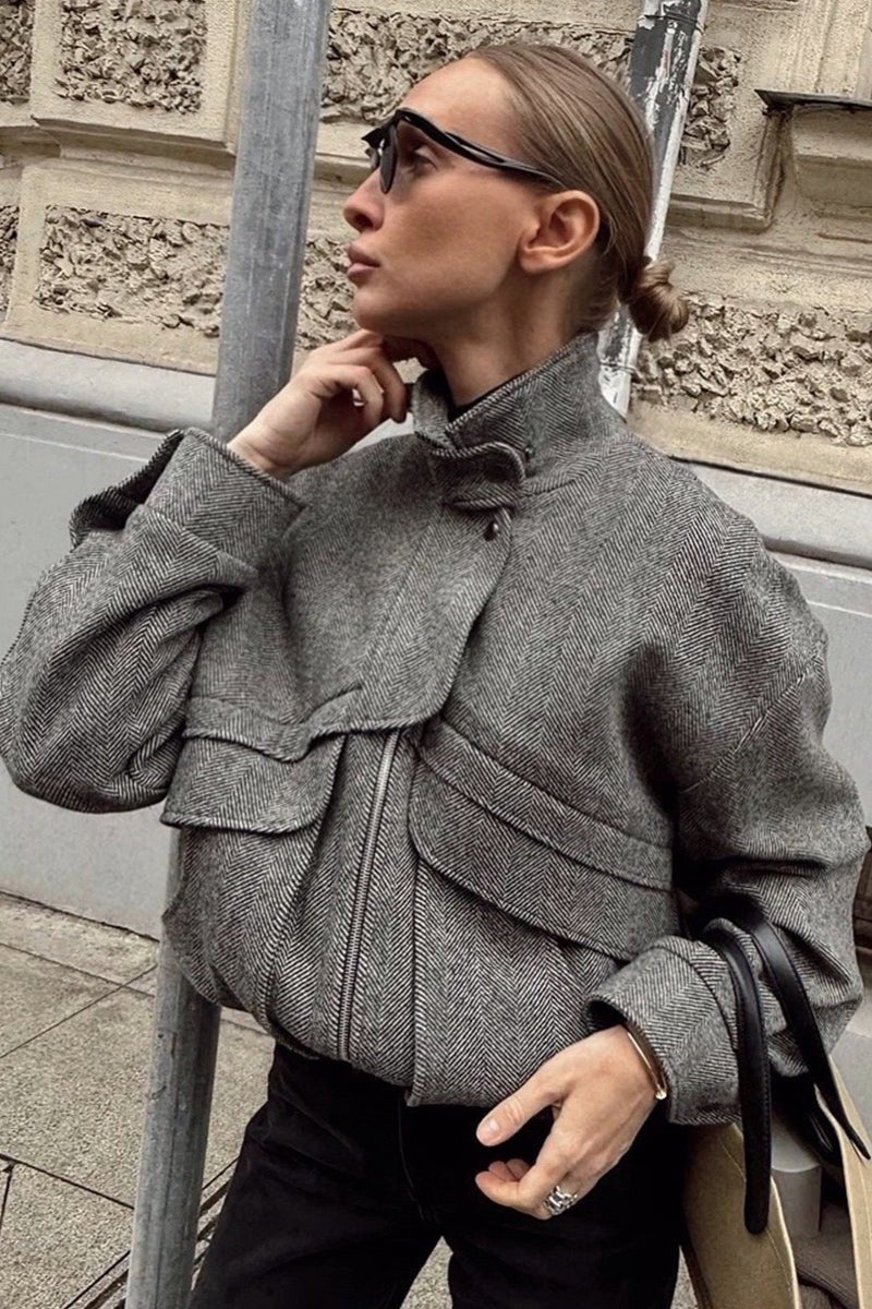 OLANE Classic Herringbone Stand Collar Coat BlackSWomen's Coats & Jackets