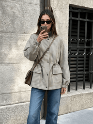 Giacca Classica con Collo Alto a Quadri