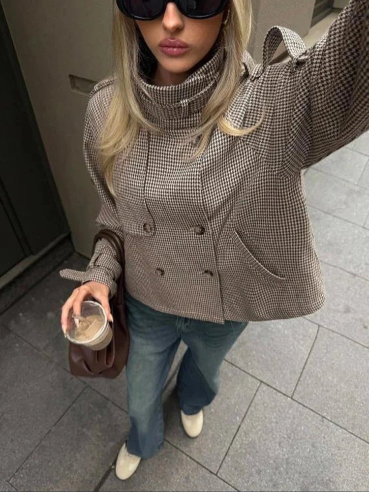 OLANE Classic Houndstooth Plaid Jacket BrownXLWomen's Coats & Jackets