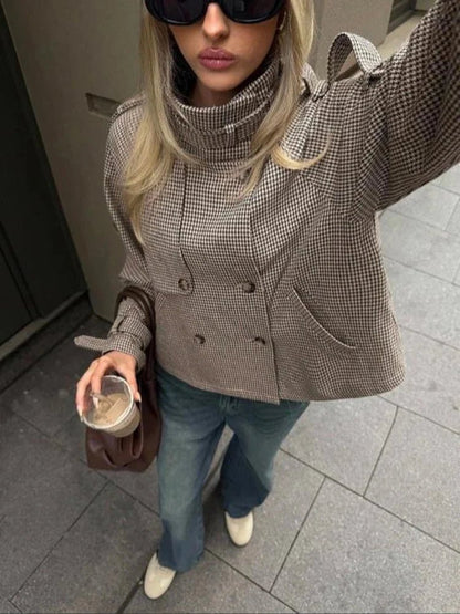 OLANE Classic Houndstooth Plaid Jacket BrownXLWomen's Coats & Jackets