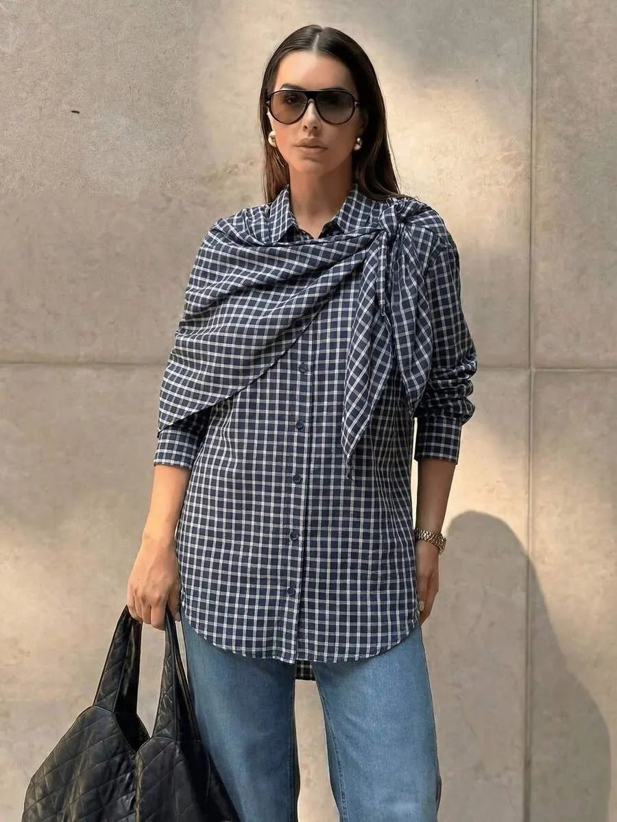 OLANE Classic Long Sleeve Plaid Scarf-Tie Shirt NavyLWomen’s Tops