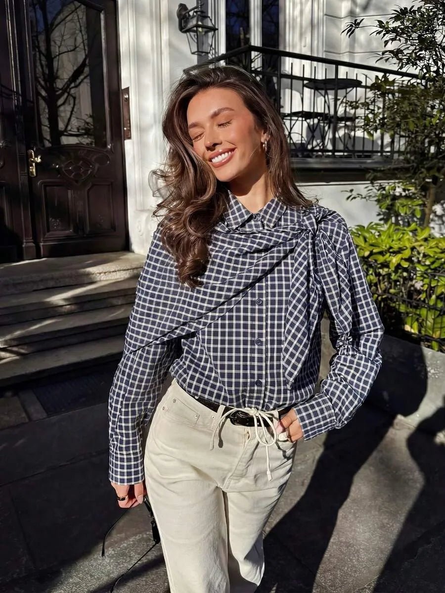 OLANE Classic Long Sleeve Plaid Scarf-Tie Shirt NavyMWomen’s Tops
