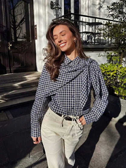 OLANE Classic Long Sleeve Plaid Scarf-Tie Shirt NavyMWomen’s Tops