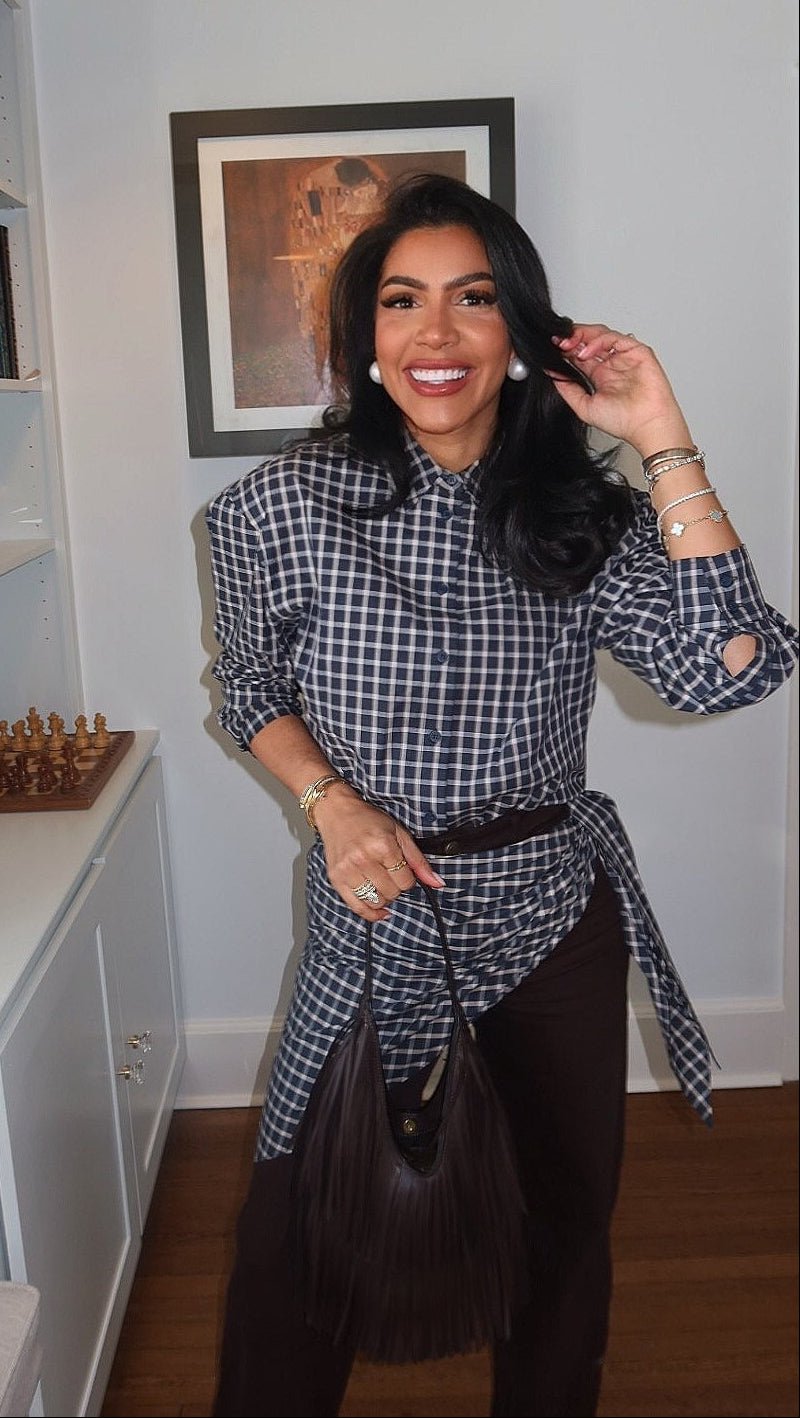 OLANE Classic Long Sleeve Plaid Scarf-Tie Shirt NavySWomen’s Tops