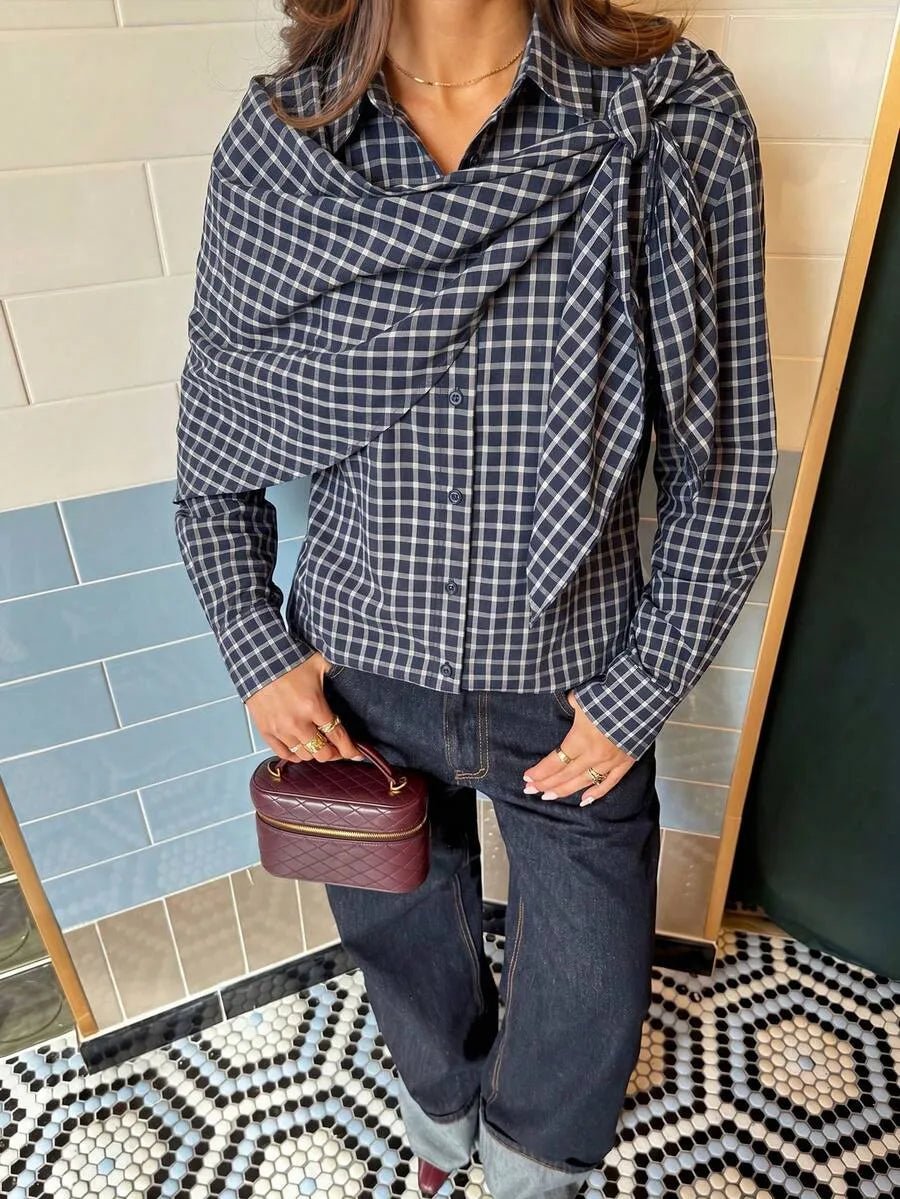 OLANE Classic Long Sleeve Plaid Scarf-Tie Shirt NavySWomen’s Tops
