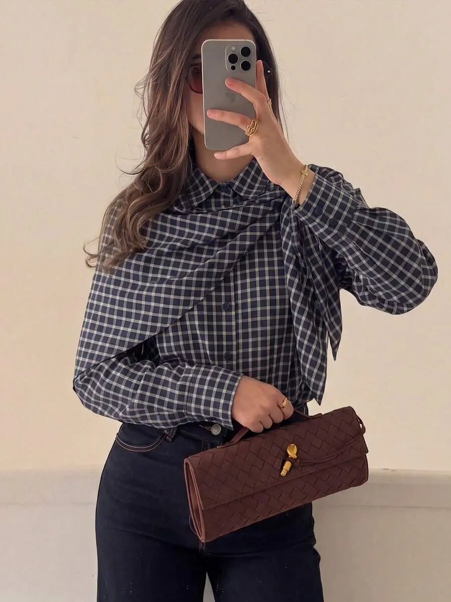 OLANE Classic Long Sleeve Plaid Scarf-Tie Shirt NavyXLWomen’s Tops