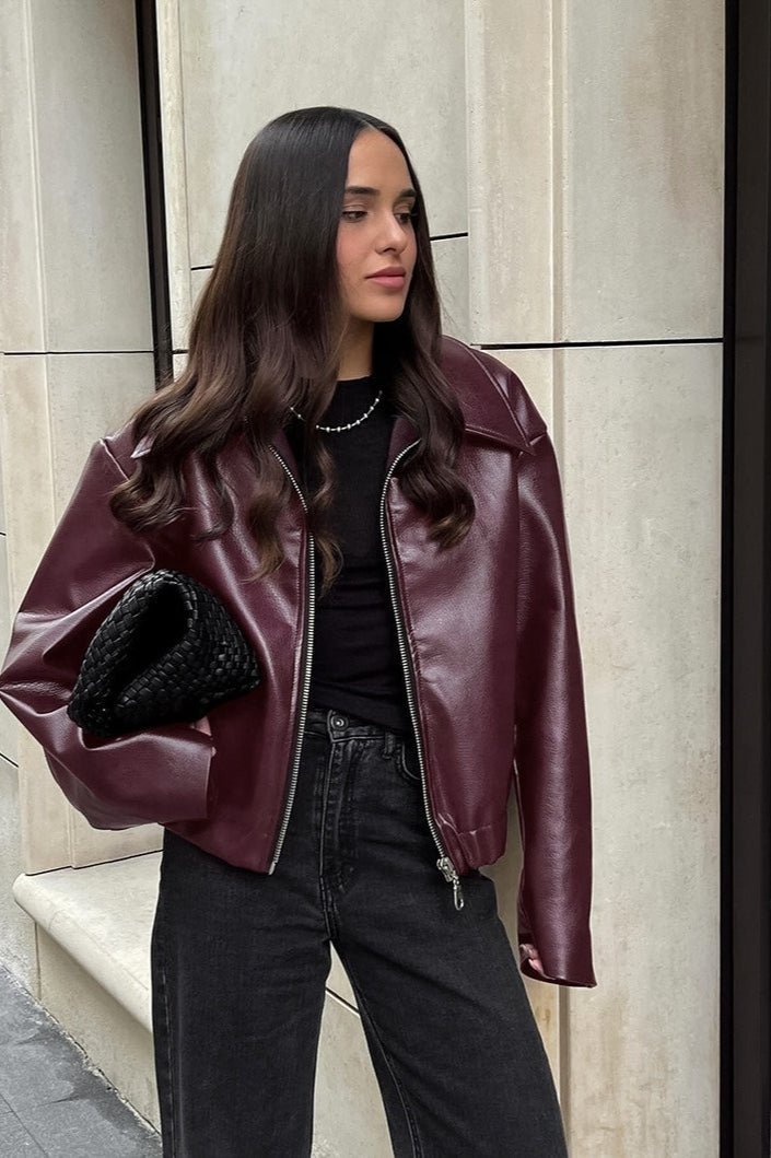 OLANE Classic Matte Leather Moto Jacket BurgundyMWomen's Coats & Jackets