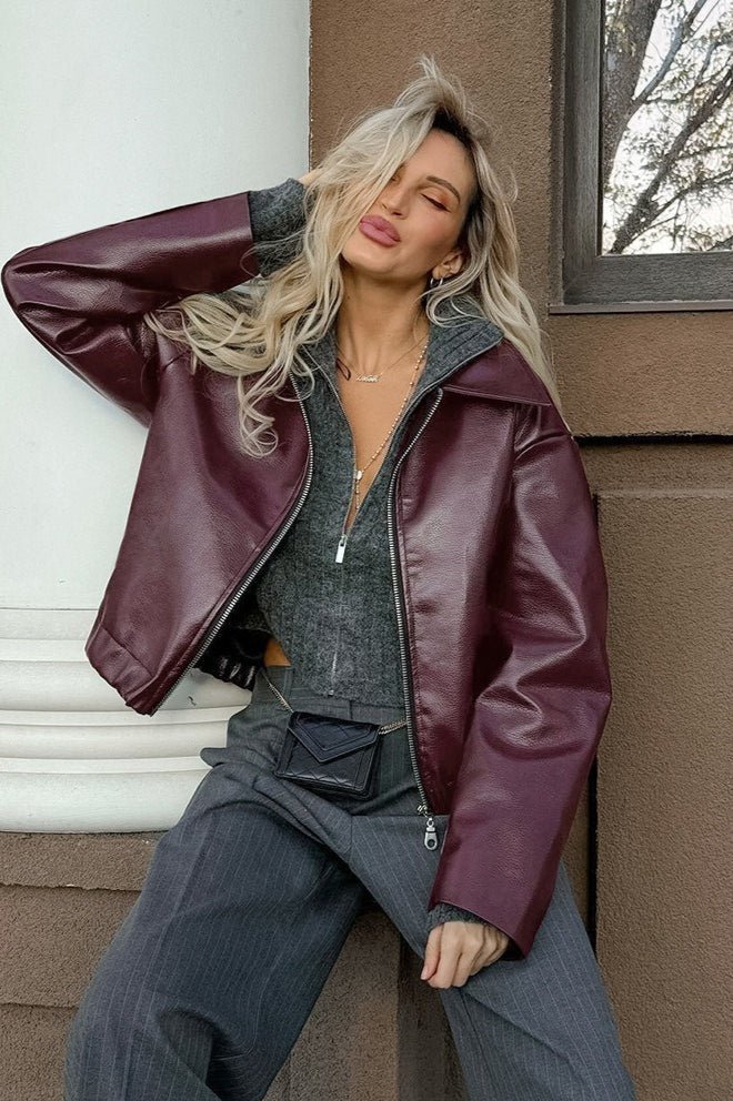 OLANE Classic Matte Leather Moto Jacket BurgundySWomen's Coats & Jackets